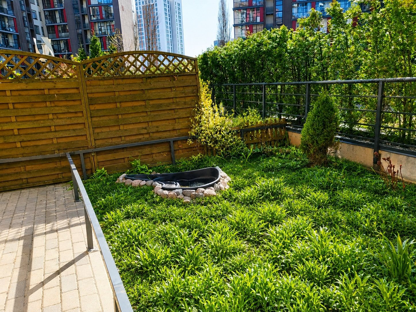 Green area with a decorative pool beside the terrace