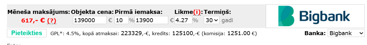 Bigbank mortgage calculation example for an apartment priced at €139,000