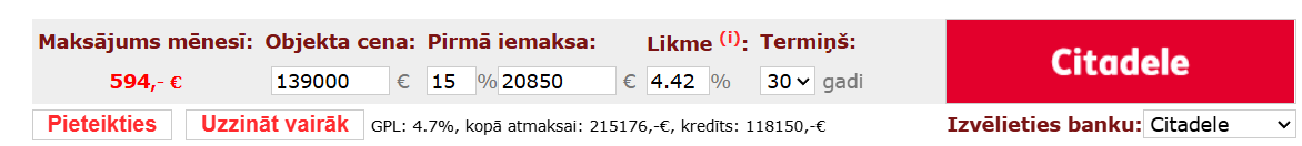 Citadele mortgage calculation example for an apartment priced at €139,000
