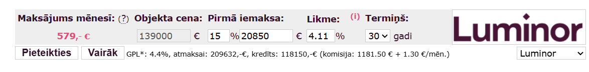 Luminor mortgage calculation example for an apartment priced at €139,000