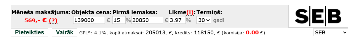 SEB mortgage calculation example for an apartment priced at €139,000