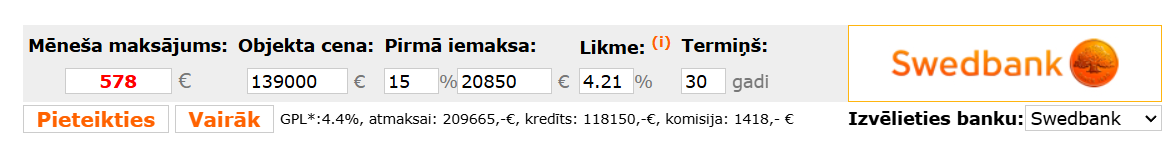 Swedbank mortgage calculation example for an apartment priced at €139,000