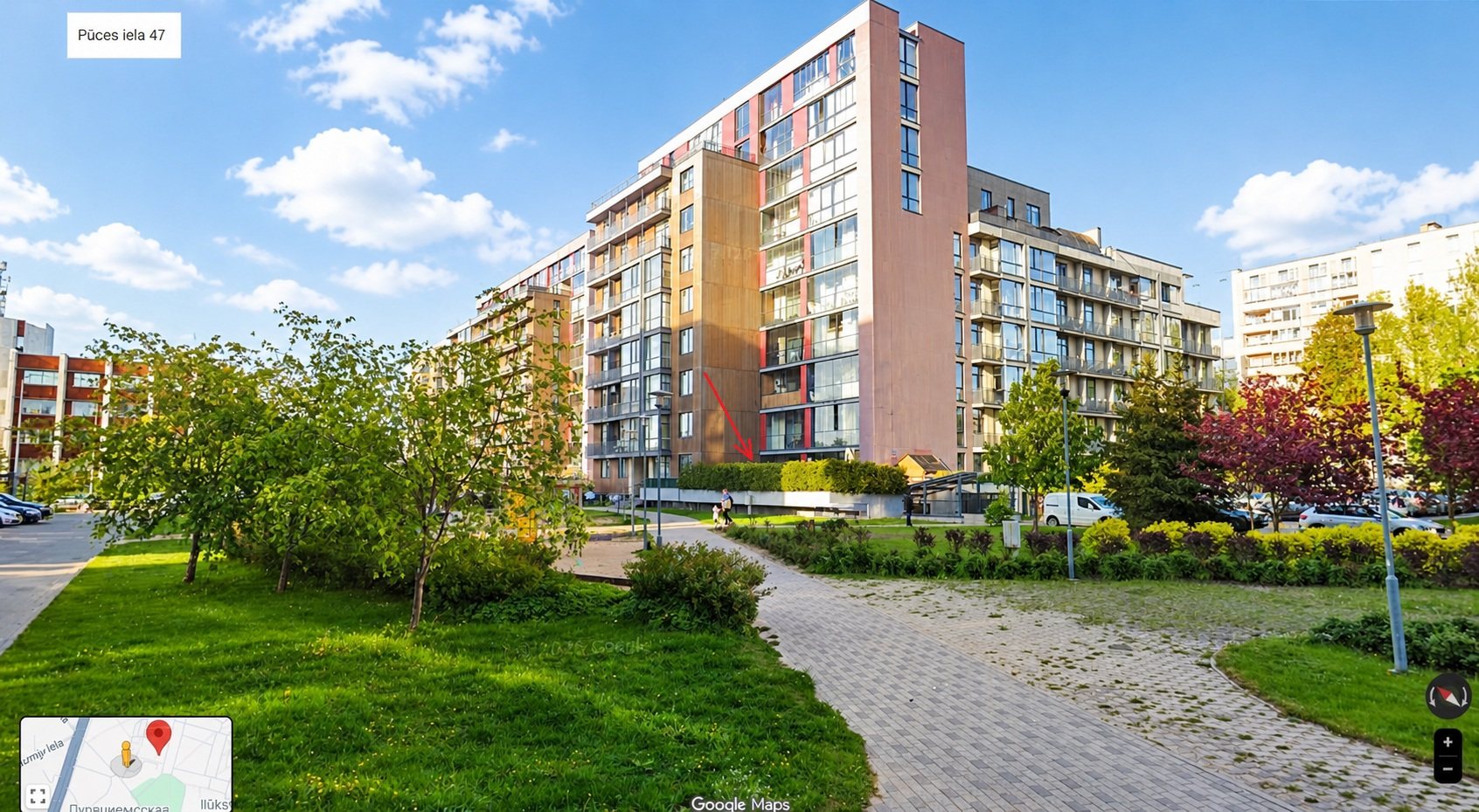 Green area beside the building — Pūces birzs apartment, Purvciems, Riga