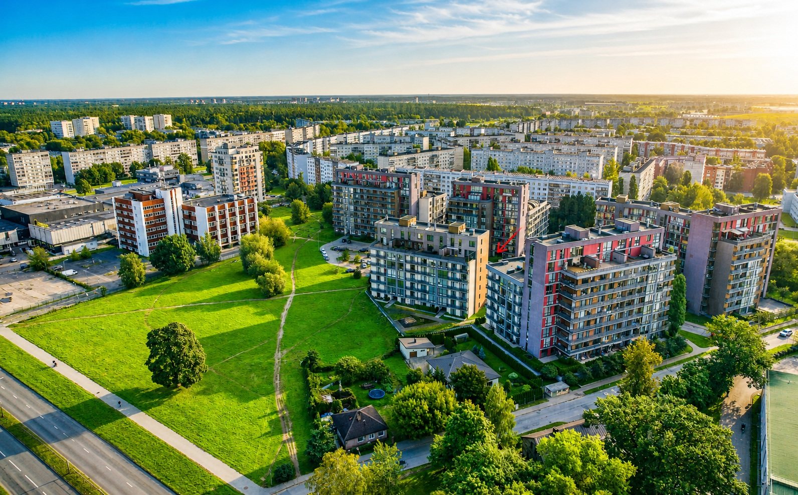 Aerial view of the neighbourhood — Pūces birzs apartment, Purvciems, Riga
