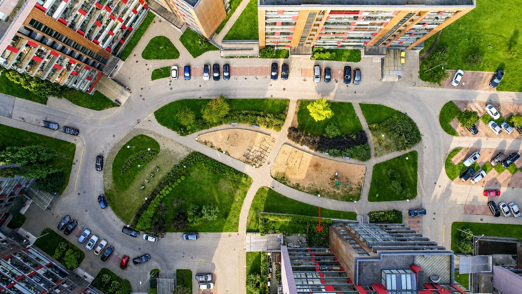 Aerial view of the gated courtyard — Pūces birzs apartment, Purvciems, Riga