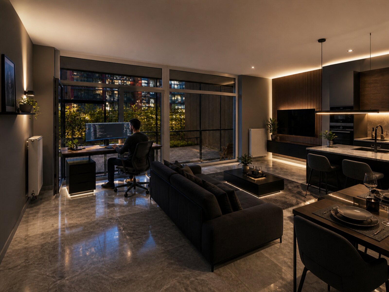 Workspace by the glass facade