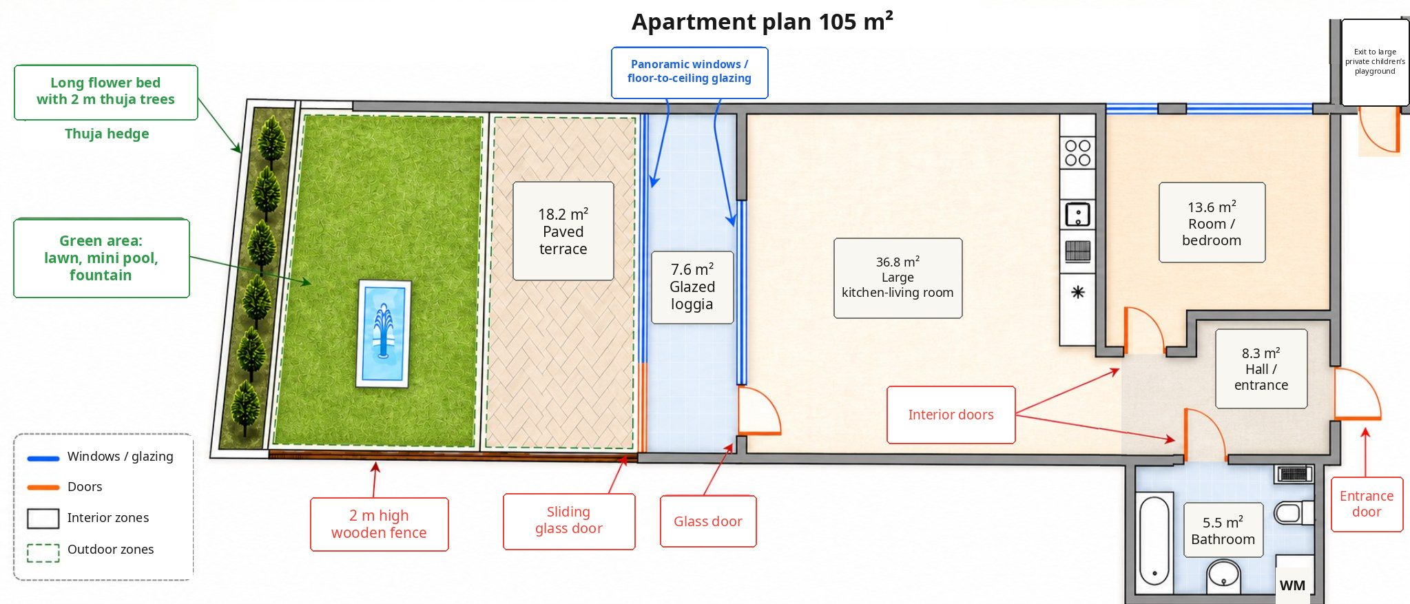 2D plan of the 105 m² apartment with a terrace, loggia, kitchen-living room, bedroom, hall and bathroom